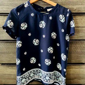 Loft Blouse, Navy Blue with Light Blue Flowers, size M